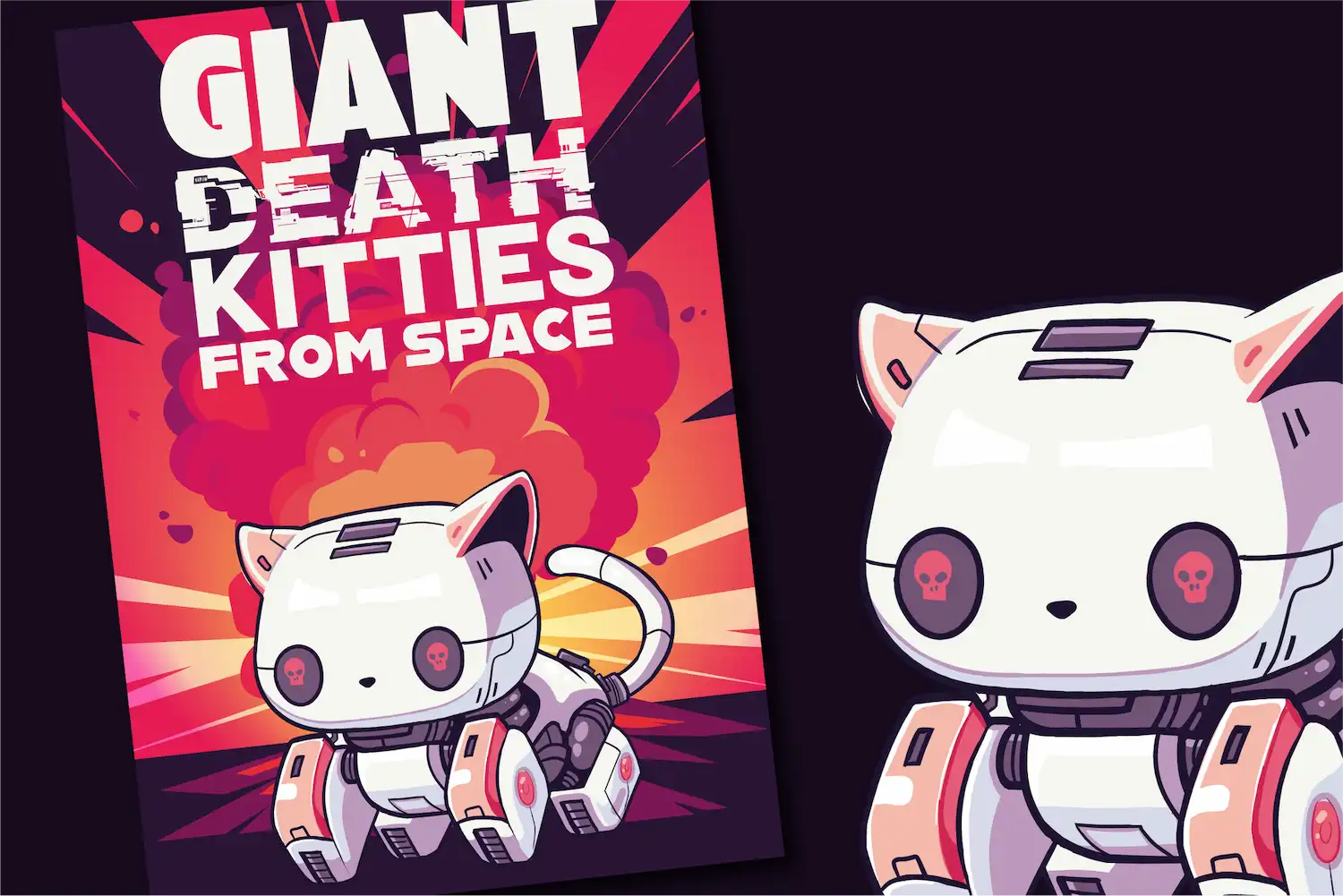 Visuel de science-fiction humoristique montrant des death kitties, robots de chats géants, illustration signée Djangle Studio