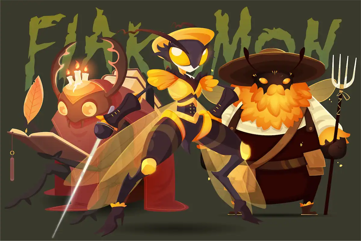 Illustration d’insectes de la collection Micro Legion, issue de l’univers du jeu Les Fiakomon, réalisée par Djangle Studio