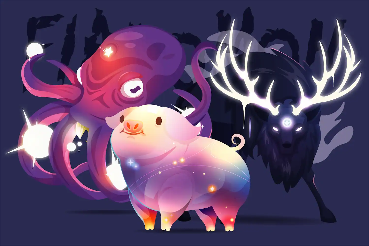 Visuel issu de l’univers Nexus Astral : créatures des Fiakomon illustrées par Djangle Studio pour un projet de jeu et de lore original