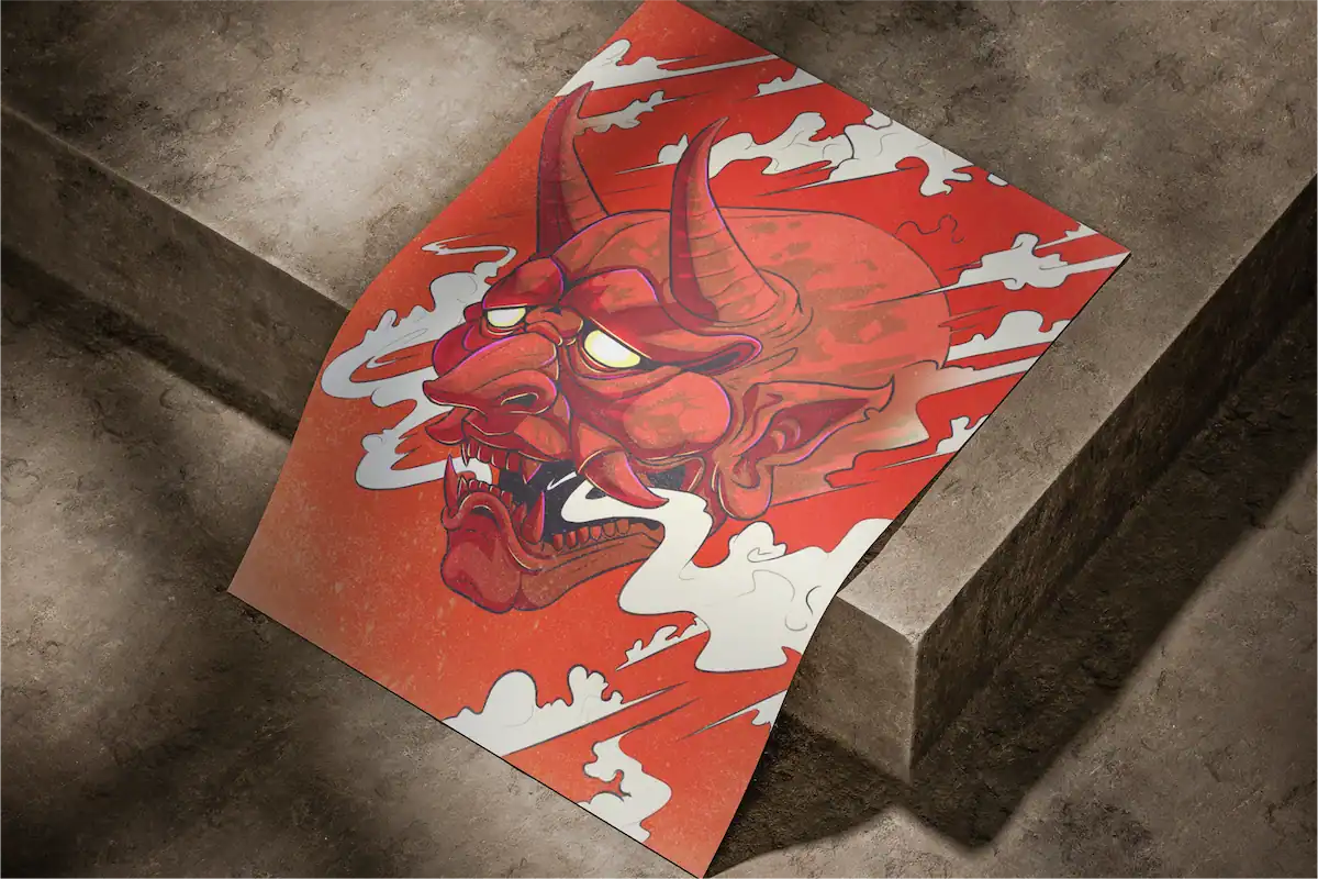 Poster artistique représentant un masque Oni inspiré du folklore japonais, conçu par Djangle Studio