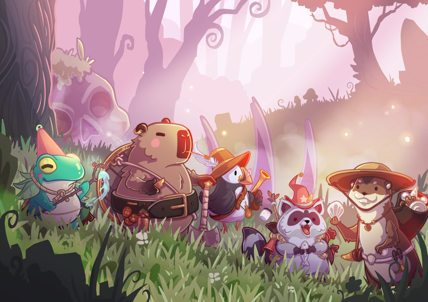 Illustration key art — groupe de personnages et animaux fantasy